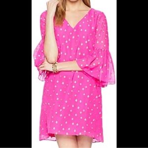 LILLY PULITZER Women's Caroline Pink 100% Silk Metallic Tunic Shift Dress Sz 6